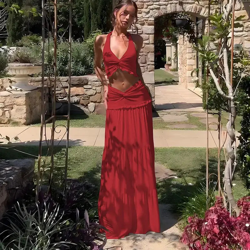 Elegant Two Piece Sets Sleeveless Frill Halter Twist Top Dress