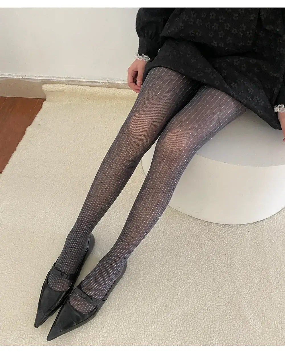 Black Tights Women Luxury Silver Silk Thigh