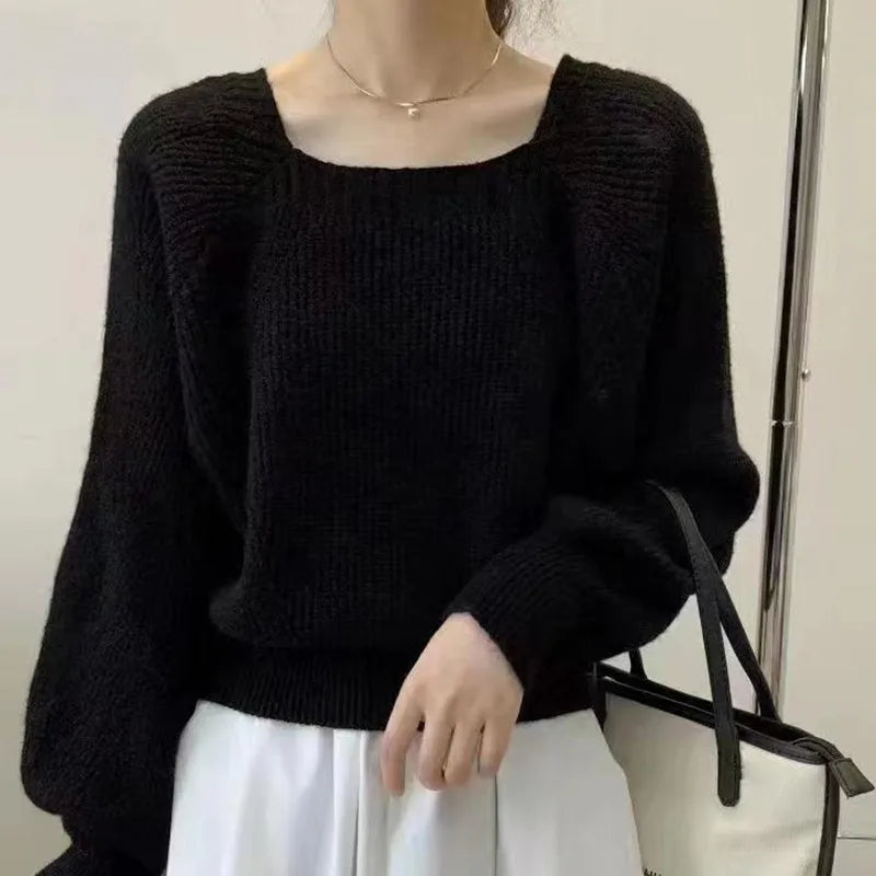 Elegant Square Neck Retro Casual Women Knitted Sweater
