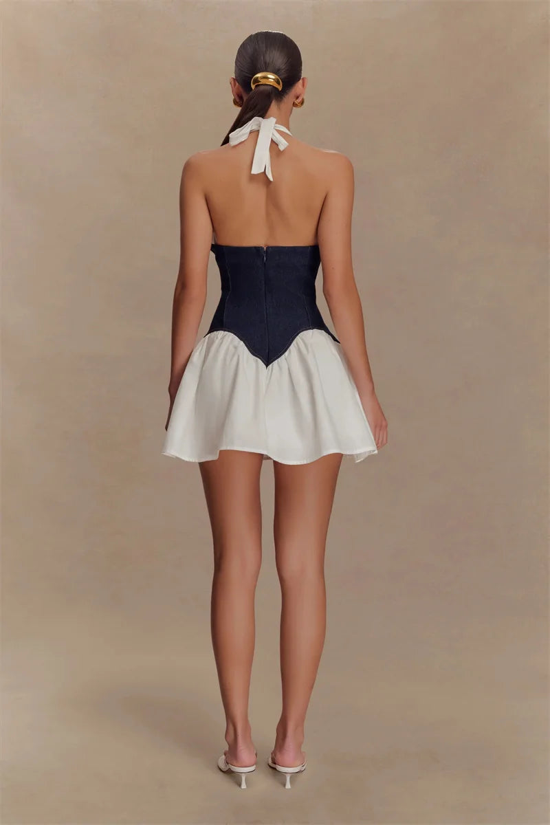 Patchwork Denim Backless Mini Dress Women