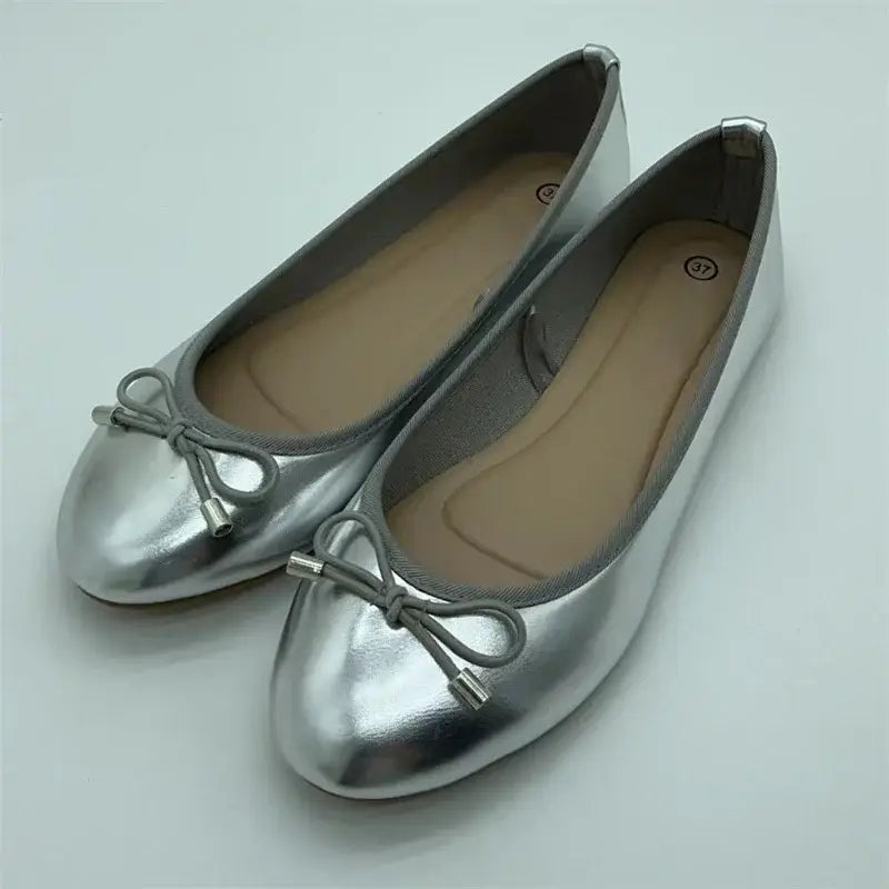 Gold Silver Elegant Bowknot Round Toe Women’s Flat