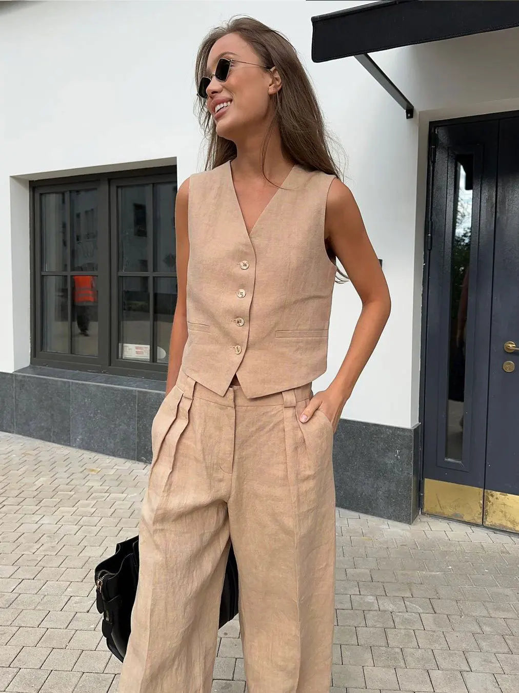 Cotton Linen Blend Vest Wide Leg Pants Suit