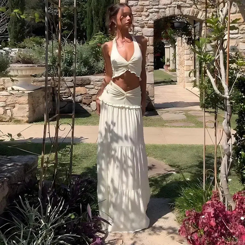 Elegant Two Piece Sets Sleeveless Frill Halter Twist Top Dress