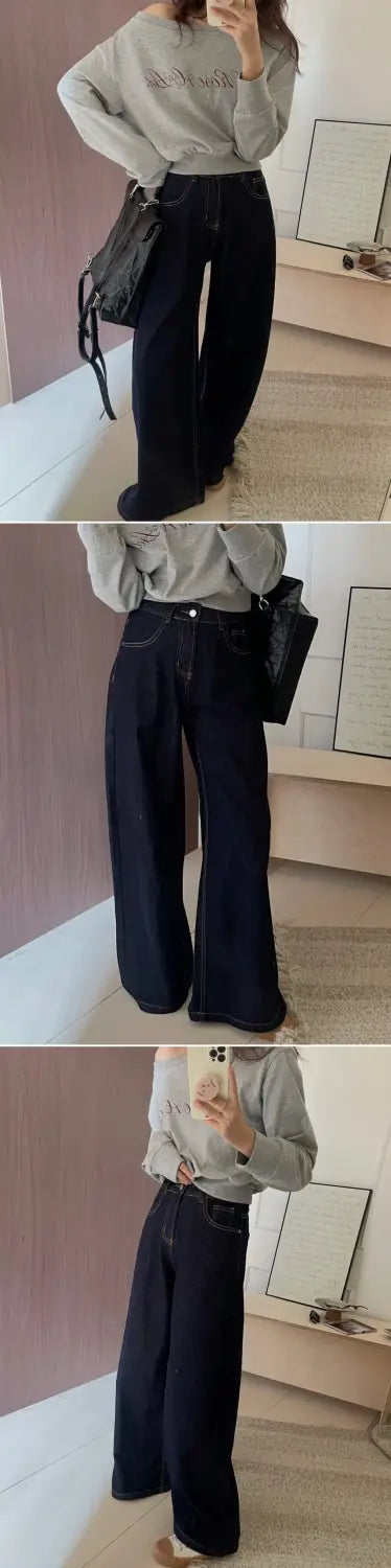 Casual Dark Blue Wide Leg Jeans Women Vintage Baggy High Waist