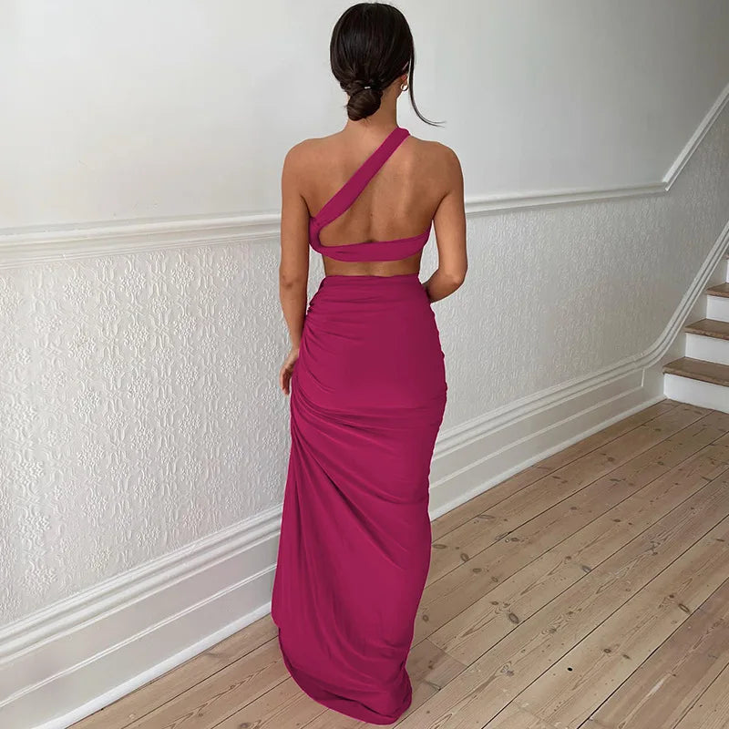 Women Summer 2 Pieces Outfits Solid Color Oblique Shoulder Sleeveless - Norellé