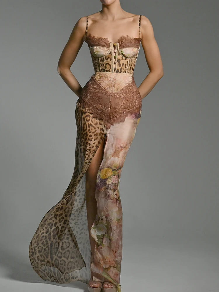 Chiffon Print Leopard High Slit Baroque Women Dress