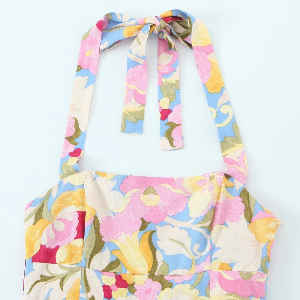 Women’s Hanging Neck Strap Pleated Long Dress