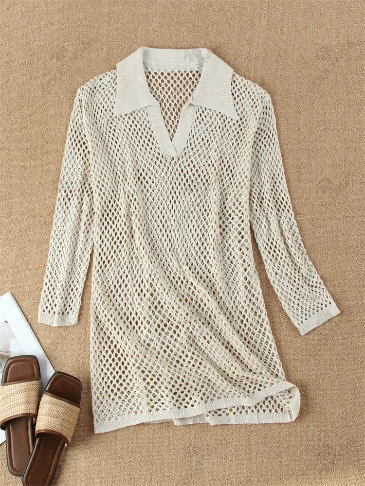 Solid Colour Beach Knit Mini Dress Women's Summer Hollow Out - Norellé