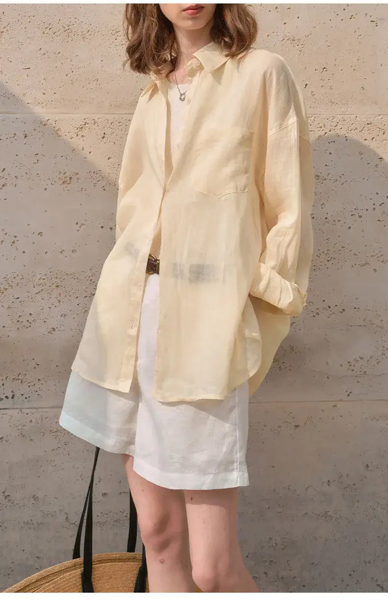 Women’s Lapel Long-Sleeved White Casual Loose Blouse