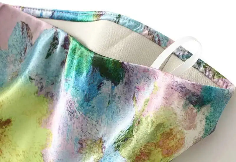 Women Spring Summer Floral Print Satin Long Skirt