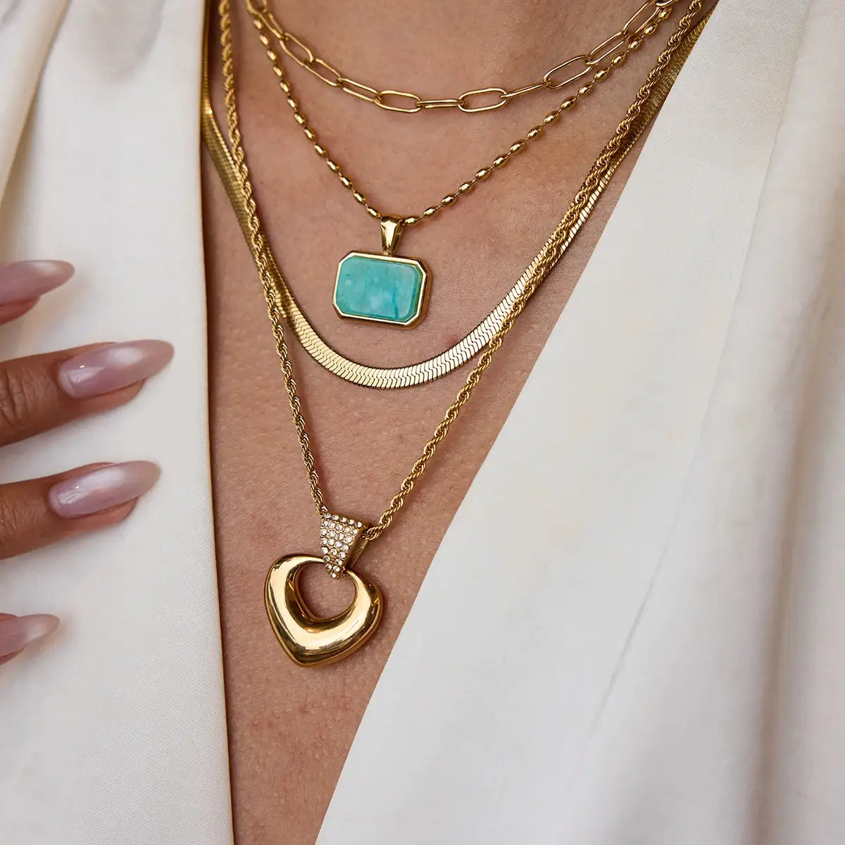 Stainless Steel Rhinestone Heart Hollow Pendant Necklace