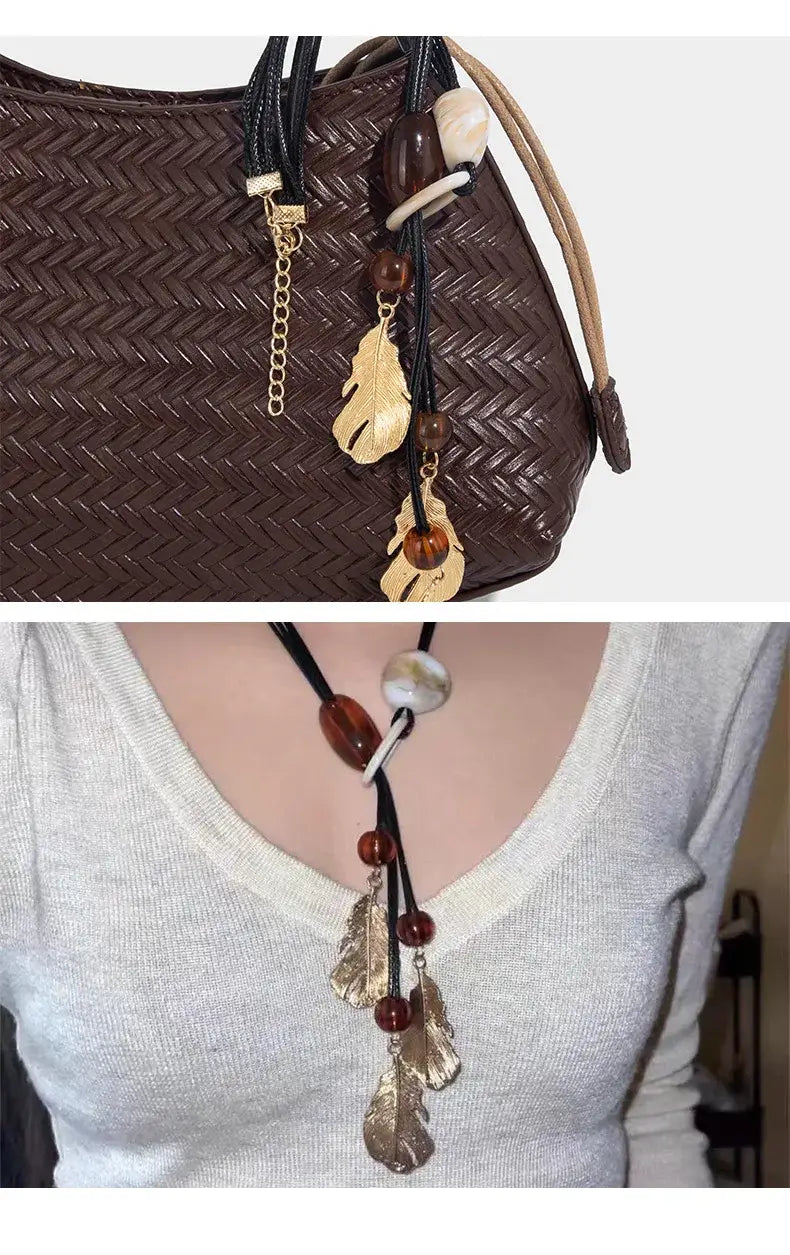 Handmade Weave PU Drawstring Tote Bags For Women