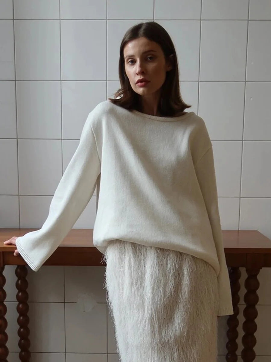 Backless O-neck Cotton Knit Sweater