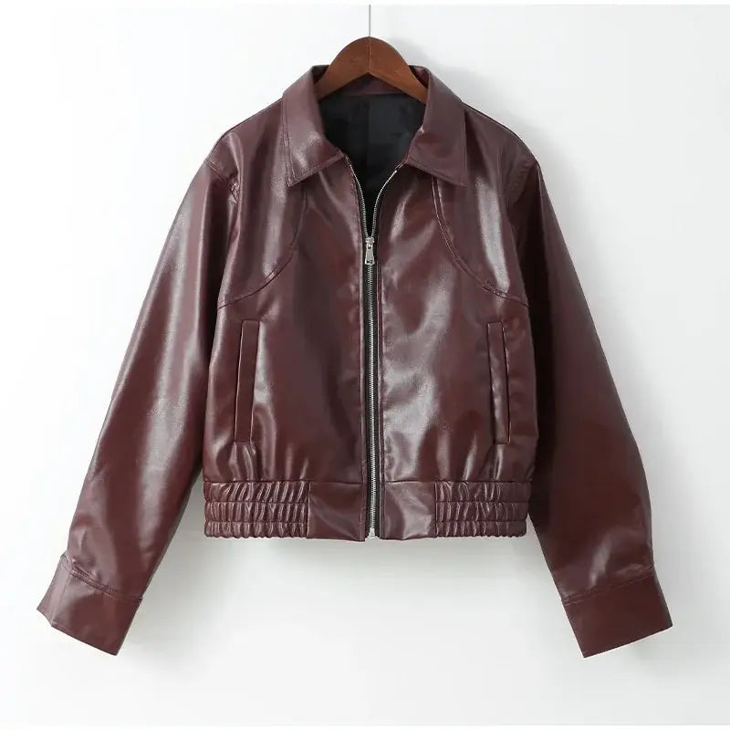 Vintage Wine Red Loose Short Leather Jacket Women