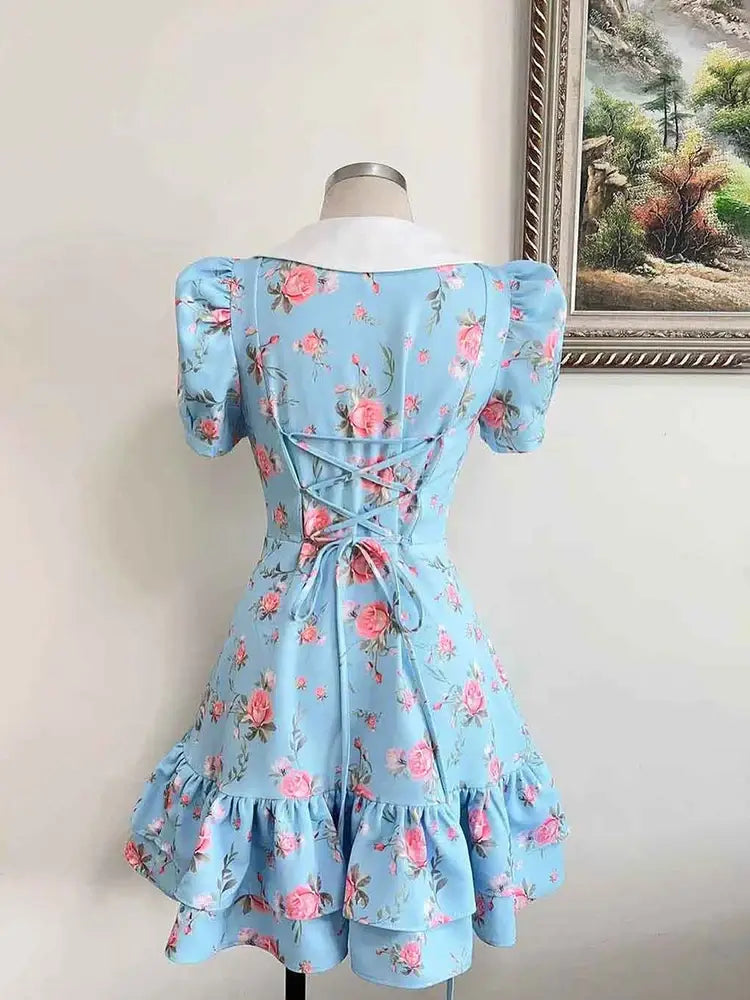 Print Puff Sleeves Ruffled Dress