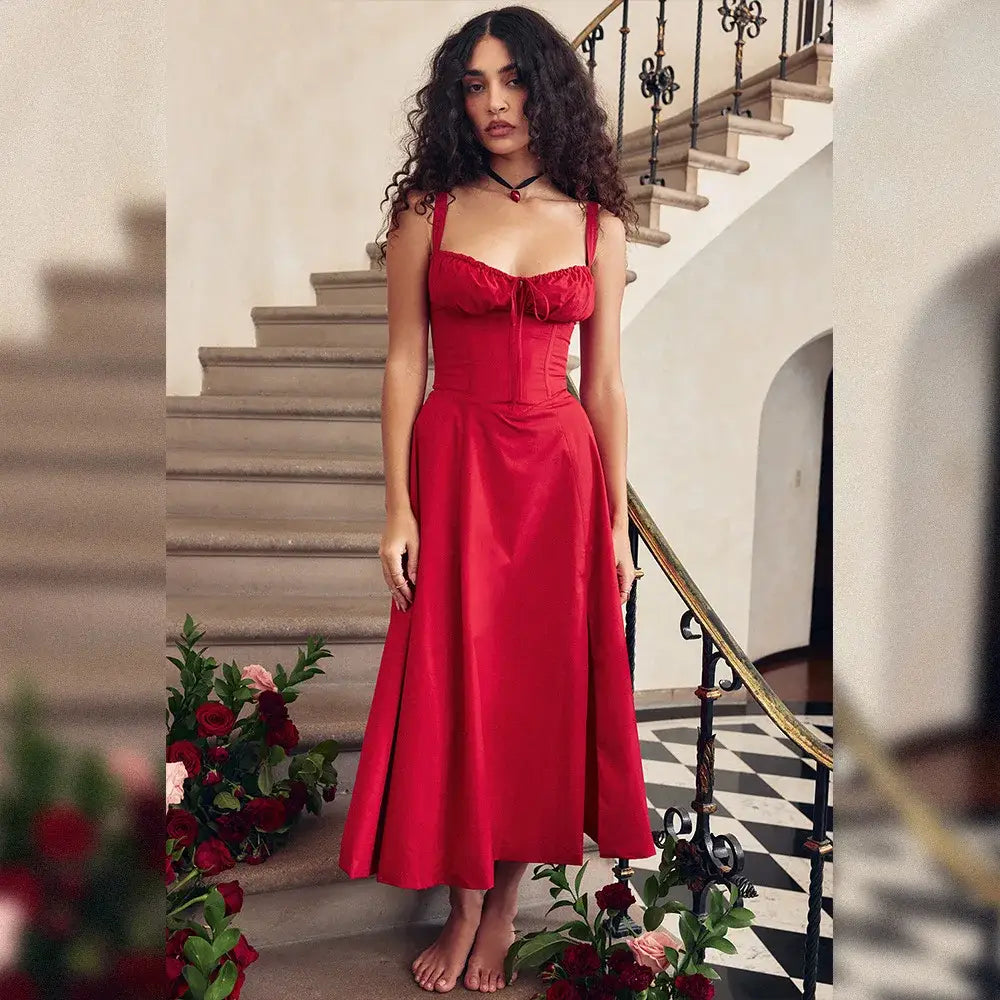 Summer Spaghetti Strap Midi Dress Elegant Long Lace Up