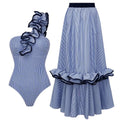 Women One Shoulder Ruffle Stripe Print Swimwear And Skirt Suit - Norellé