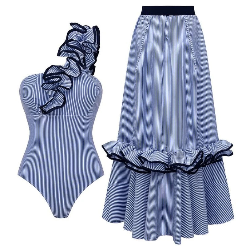 Women One Shoulder Ruffle Stripe Print Swimwear And Skirt Suit - Norellé