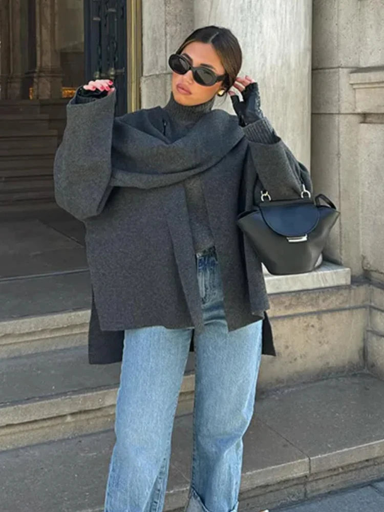 Women's Asymmetric Scarf Knitted Jacket O-neck Single Button Side - Norellé