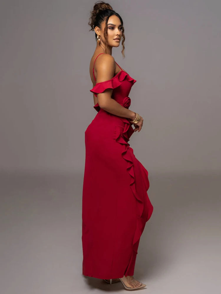 Maxi Dress Women Spaghetti Strap Flower Sleeveless Backless High Split Evening Dress - Norellé