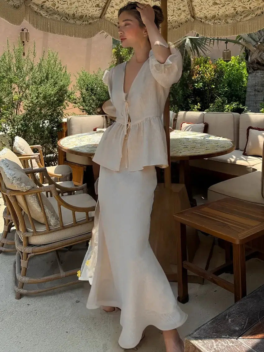 Dress Sets V-neck Lace-up Shirt Blouse A-line Long Skirt Suit