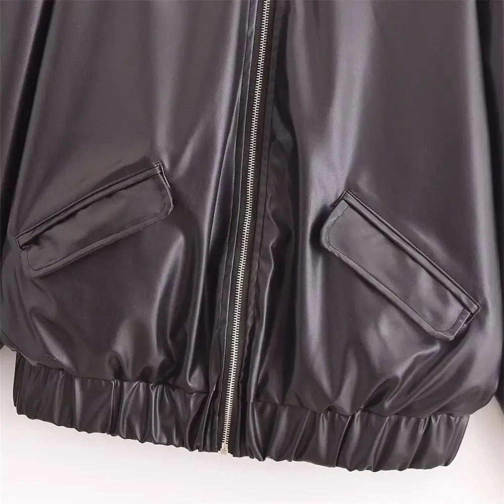 Women’s Versatile Long Sleeve Imitation Leather Loose Jacket Coat