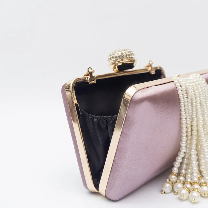 Women Pearl Tassel Satin Evening Bag