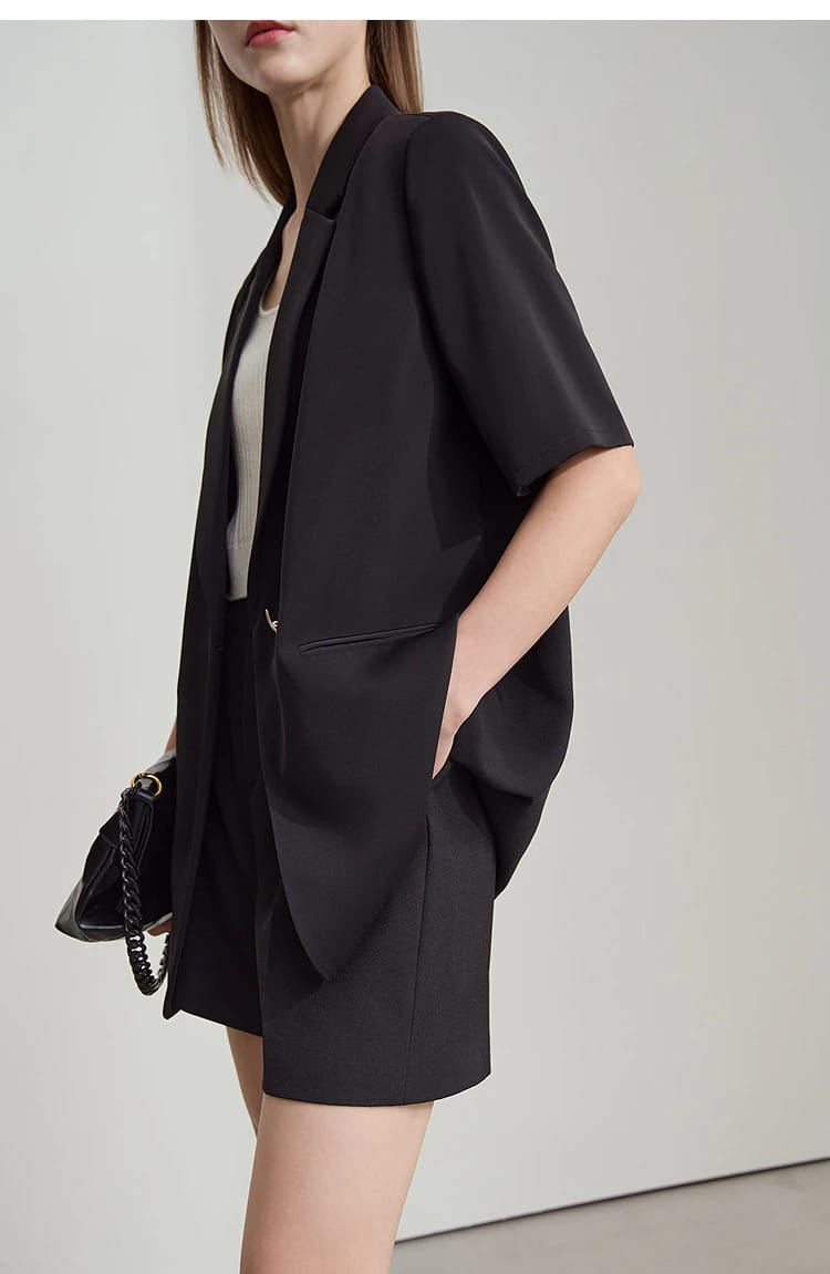 Lapel Contrast Material Patchwork One Button Short Sleeve Blazer