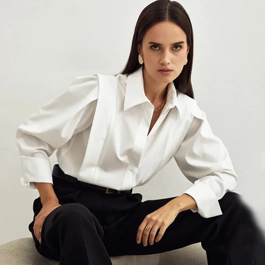 Elegant Cotton Lapel White Shirts Female