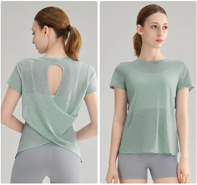 Women Yoga Short Sleeve Light Thin Back Hollow Out Breathable Loose Blouse