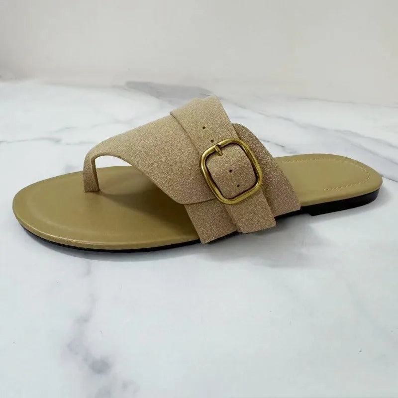 Suede Women Flip Flops Metal Buckle Belt Large Size Flat