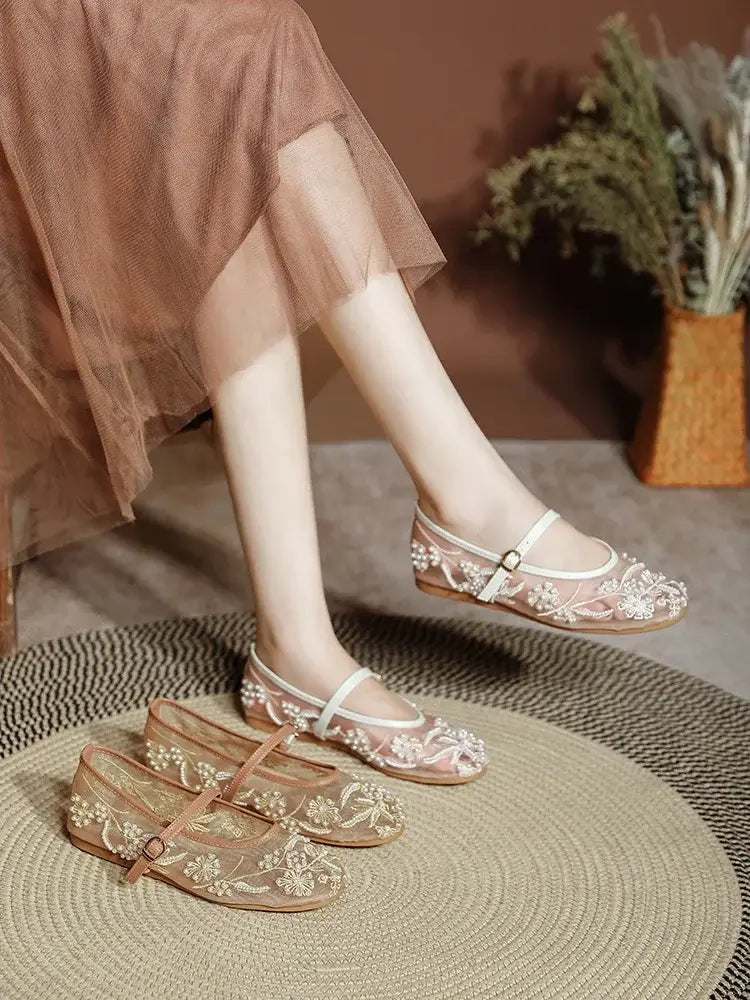 White Pearl Decoration Mesh Embroidery Ballet Flats