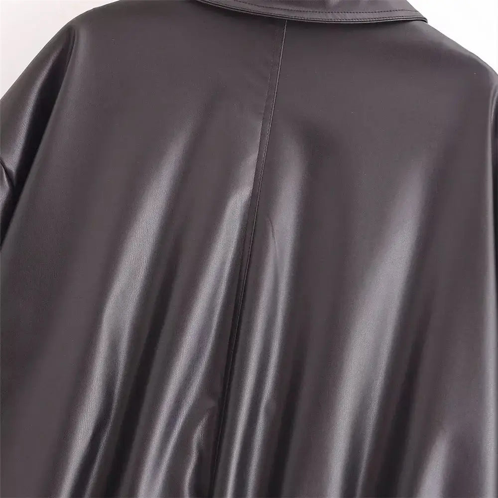Women’s Versatile Long Sleeve Imitation Leather Loose Jacket Coat