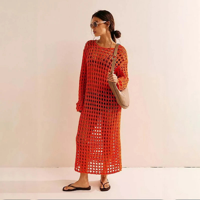 Hollow Out Knitted Long Dress Beach Dress Bikini Cover Swimwear Cover Ups - Norellé