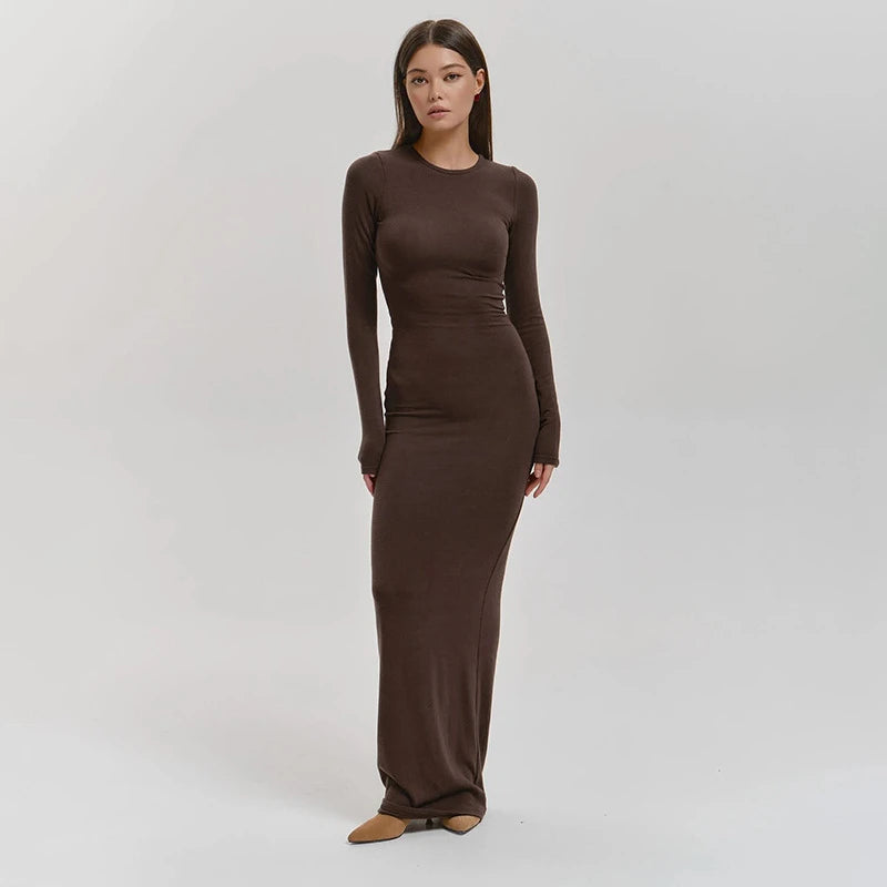 Women's Solid Color Round Neck Long Sleeve Dress - Norellé