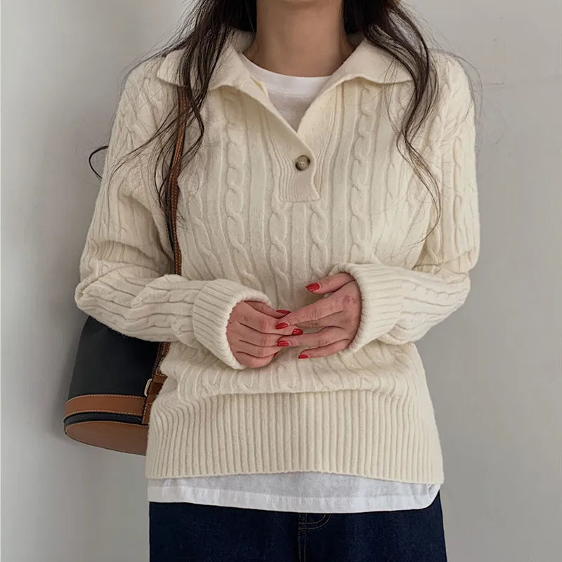 Turn-down Collar Solid Women’s Sweater