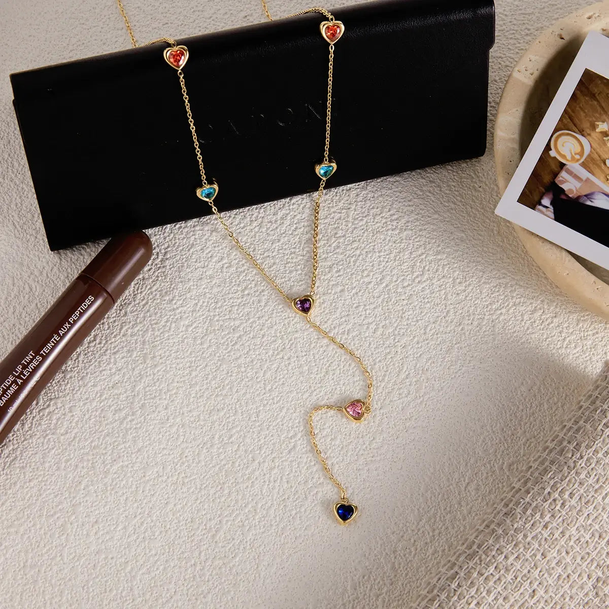 Heart Shape Colored Zircon Y-Shaped Chain Necklace Stainless Steel