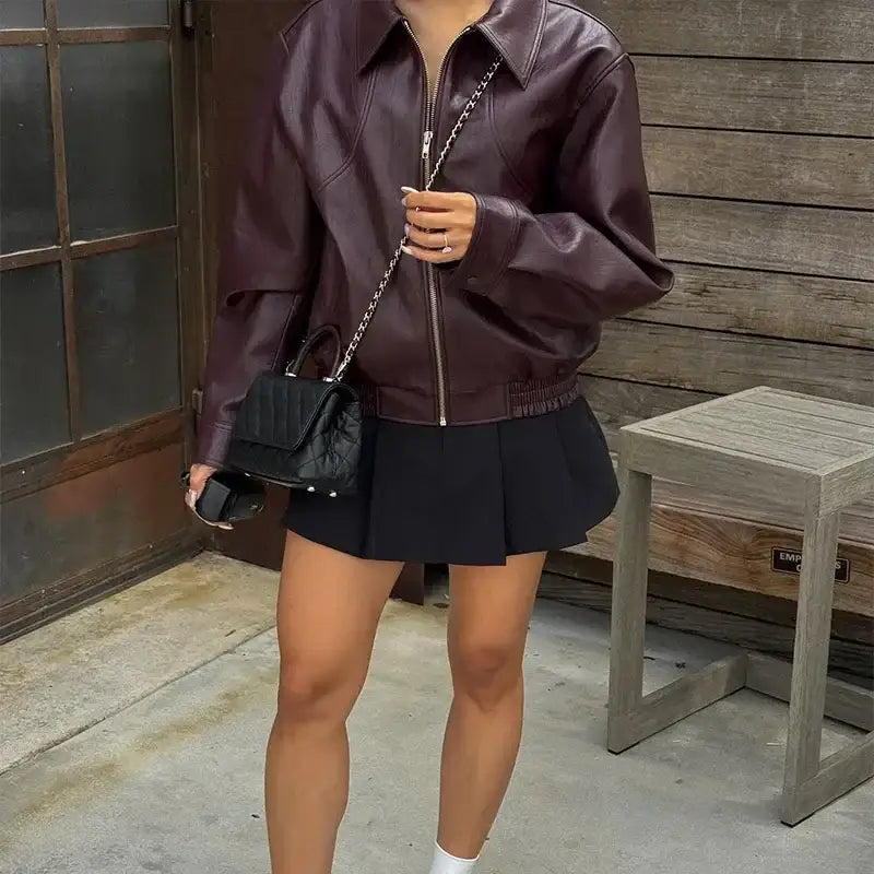 Vintage Wine Red Loose Short Leather Jacket Women