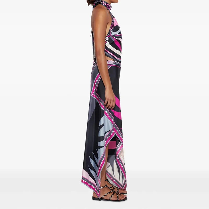 Vintage Lace Up Backless Halter Tops&Irregular Half Skirt 2 Piece