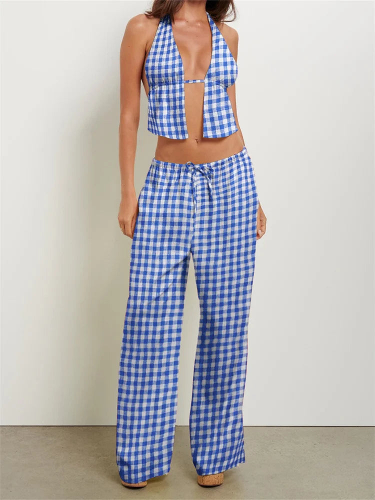 Women Pants Outfits Striped/Solid Halter Tie-Up Backless Tank Tops Wide-Leg 2 Pieces Set