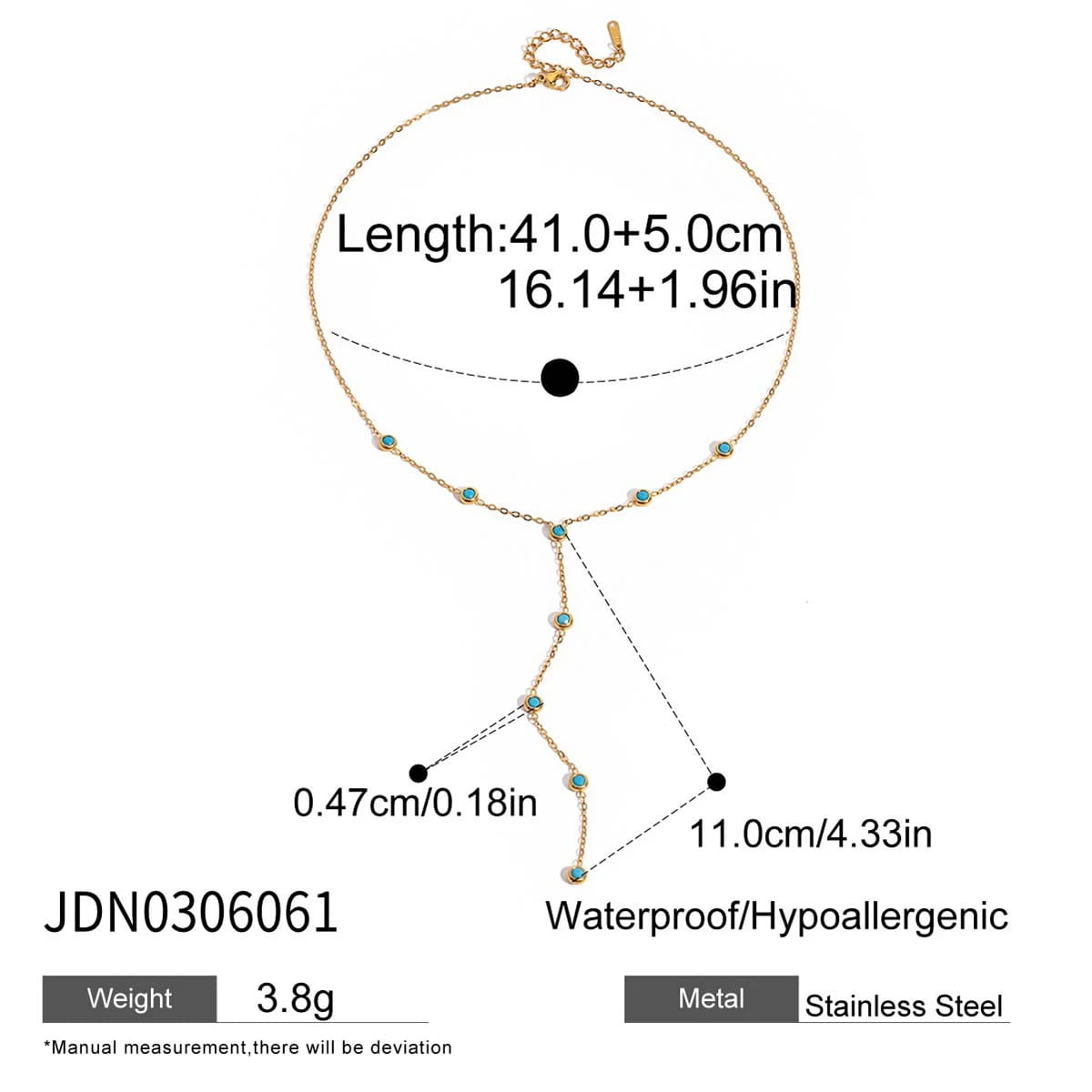 Blue turquoise Y-shaped Choker Necklace Waterproof Stainless Steel