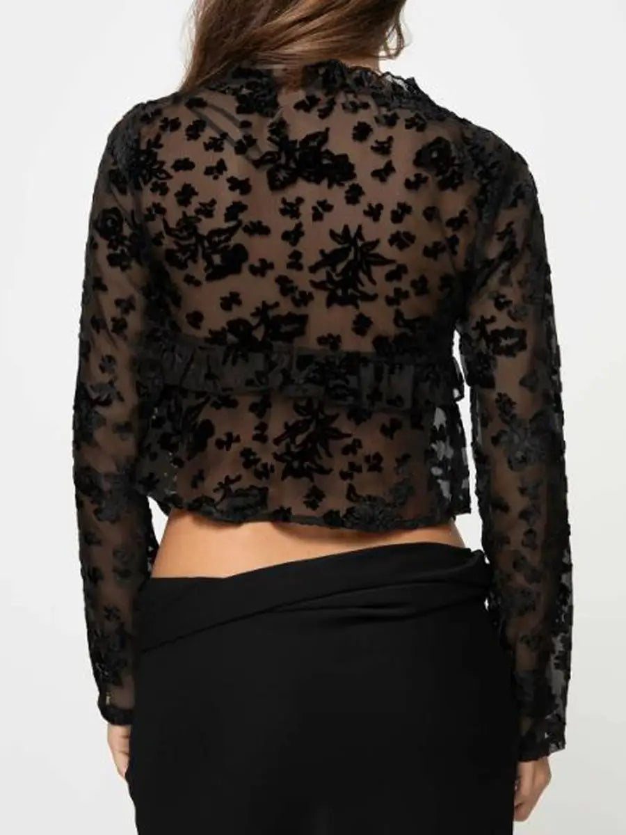 Shirt For Women Elegant Long Sleeve Tie-Up Lace Top