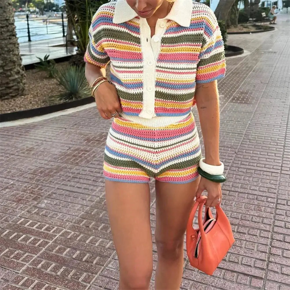 Women’s Casual Stripe Printed Short Sleeve Flip Collar Cardigan Shorts Set