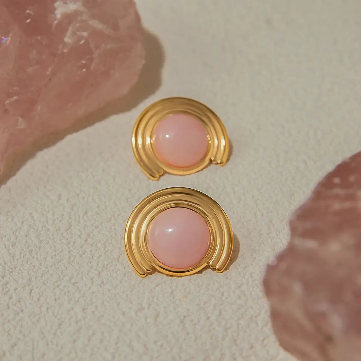 Pink Natural Stone Ribbed Earrings Stainless Steel