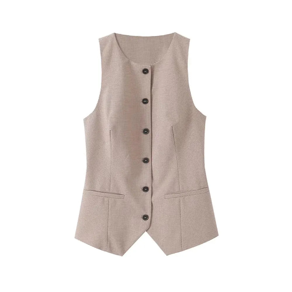 Women Fashion Fitted Round Neck Waistcoat And Mid Waist Pleated Skort