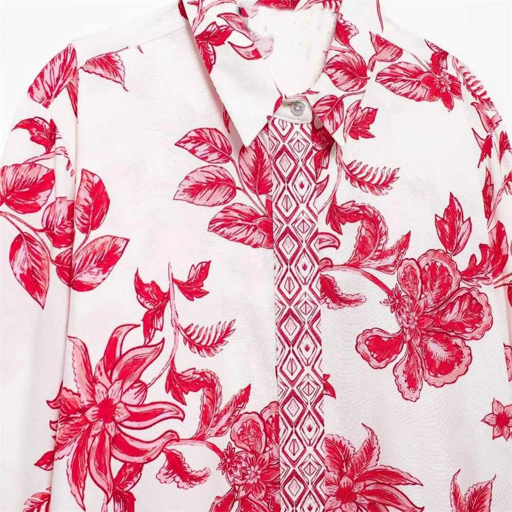 Women's Retro Emblem Pattern Flower Print Shirt Hollow Flower Mini Wrap Skirt
