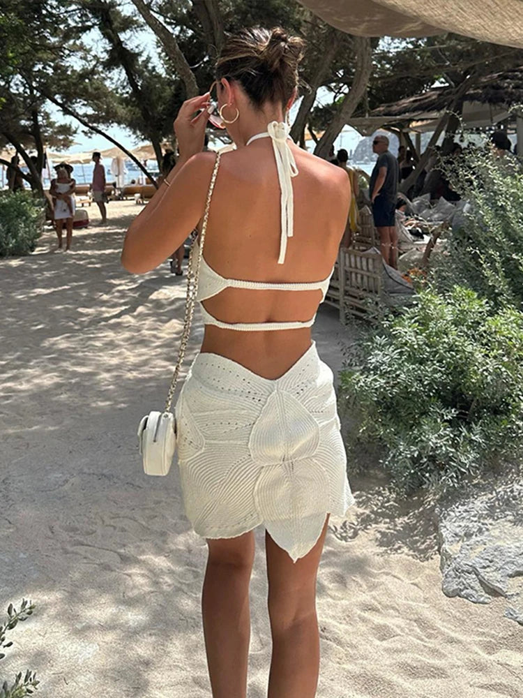 Hook Knit Beach Mini Dress Women Hollow Out Halter Sleeveless Backless Lace Up - Norellé