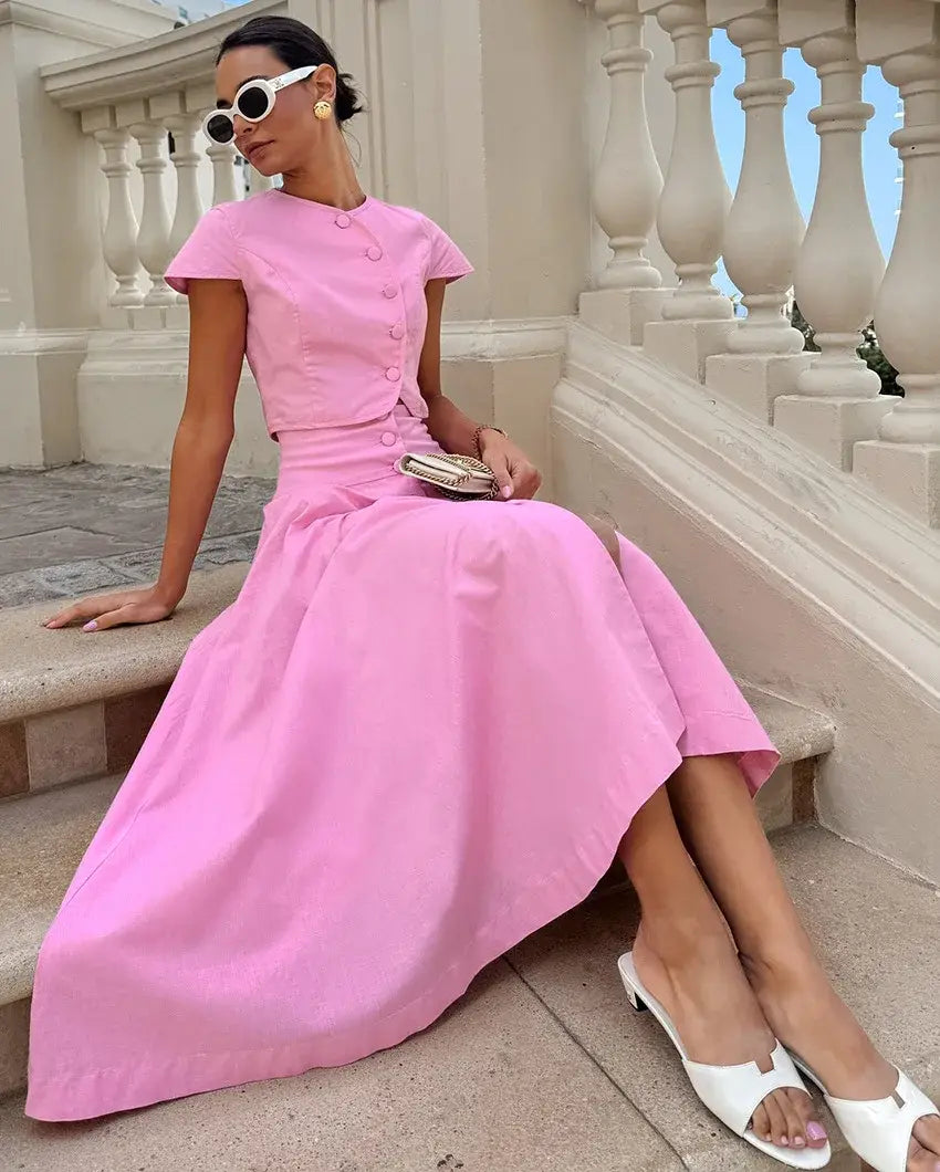 Pink Long Skirt Two Piece Elegant Shirt Button Top Loose A-Line Set