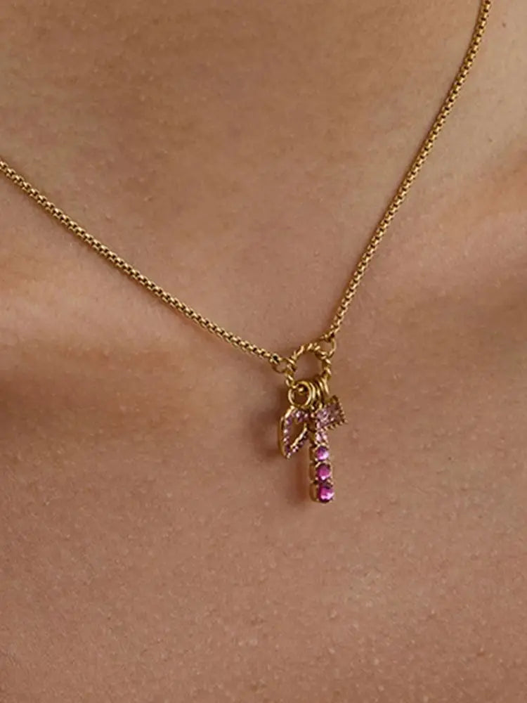 Pink Zircon Hollow Heart Pendant Necklace Stainless Steel