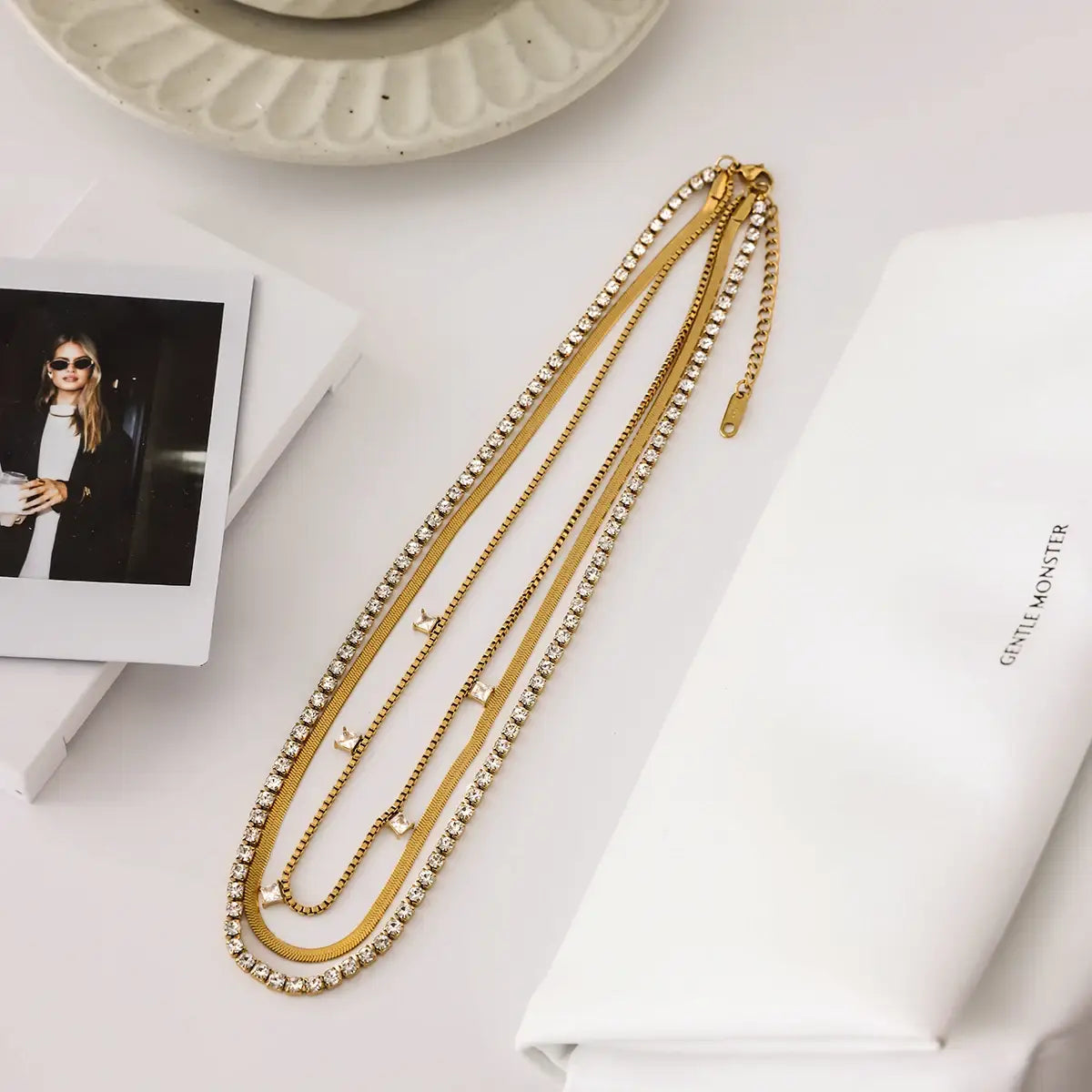 Stainless Steel Square White Zircon Pendant Necklace